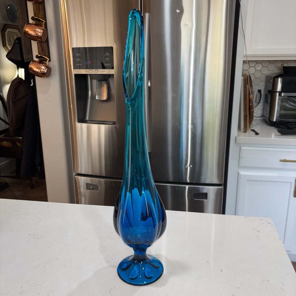 MCM Viking Glass Bluenique 21” Swung Vase Epic  6 Petal Footed Pedestal Excellen